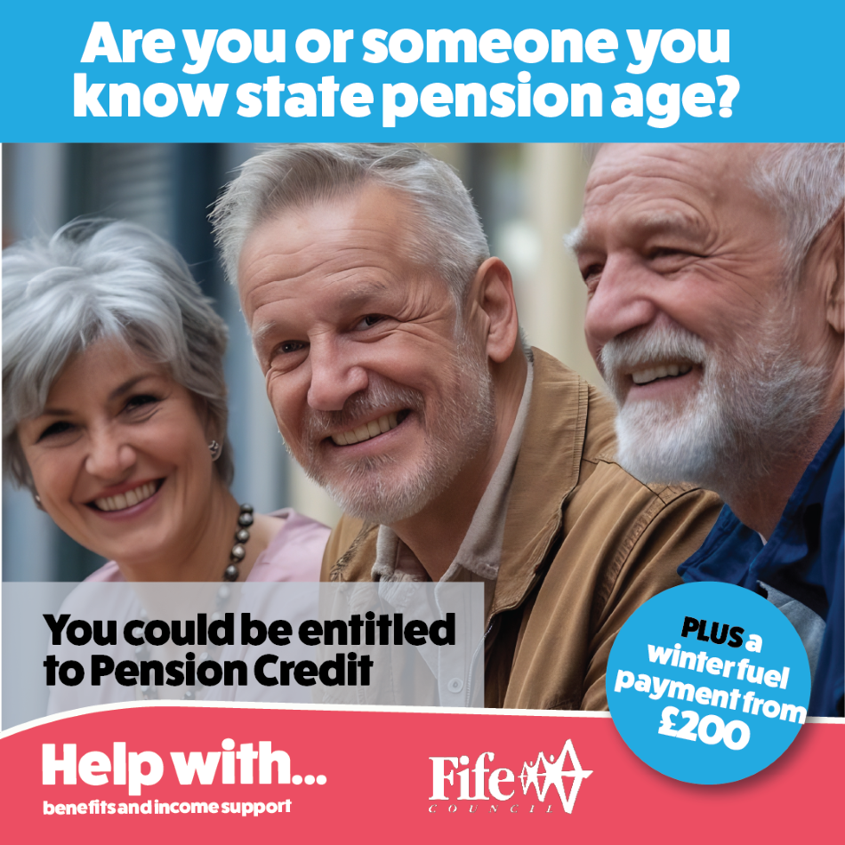 Three older people smiling with text  saying Are you or someone you know state pension age