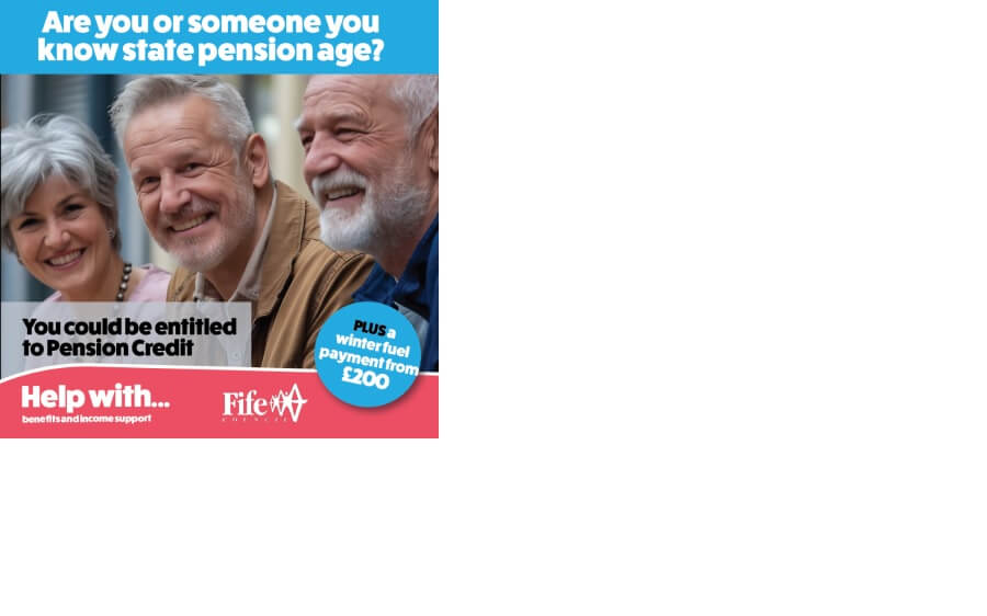 Three older people smiling with text  saying Are you or someone you know state pension age