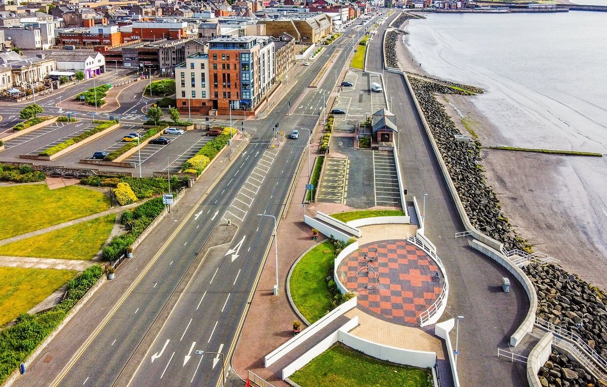 Ariel view of Kirkcaldy waterfront and esplanade.
