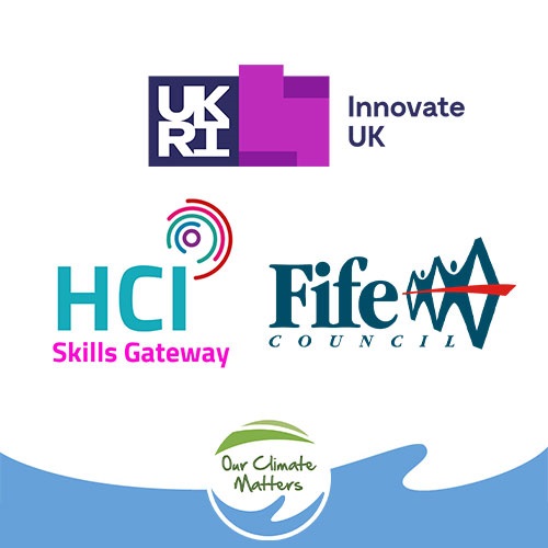 Graphic showing the logos of partners - Innovate Uk, HCI Skills Gateway, Fife Council, and Our Climate Matters