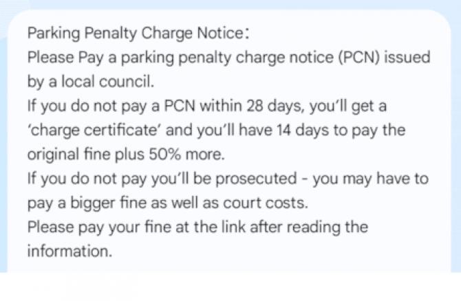 Example of the scam text which begins with 'Please pay a parking penalty charge notice issued by a local council'.