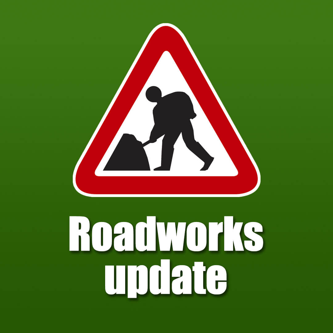 Image of a roadsign showing a person digging with the words Roadworks update underneath.