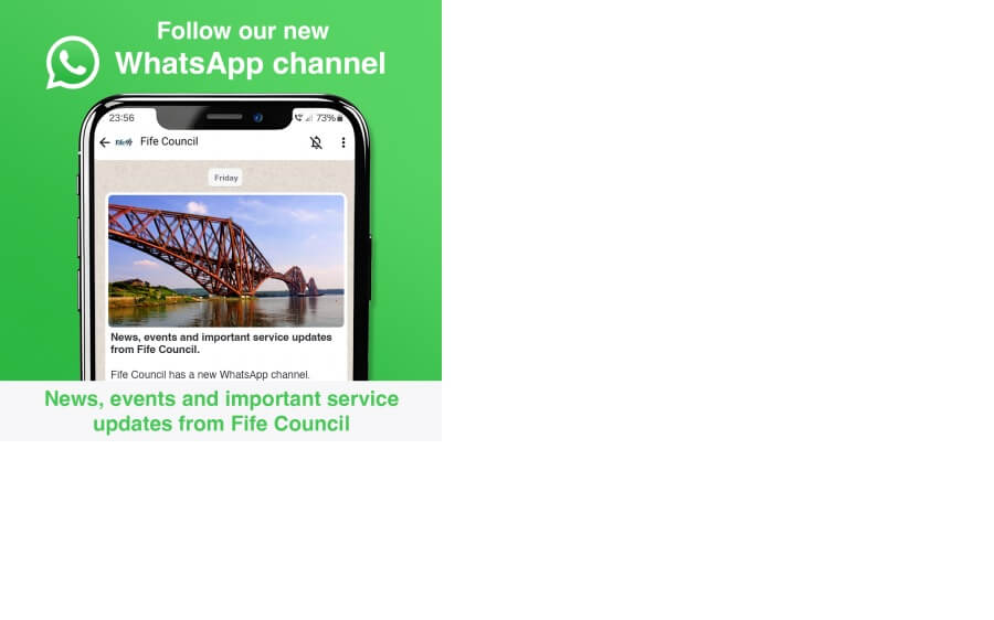 Mobile phone showing Fife Council's new WhatsApp channel and photo of the Forth Bridge