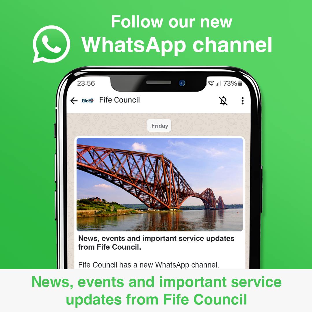 Mobile phone showing Fife Council's new WhatsApp channel and photo of the Forth Bridge