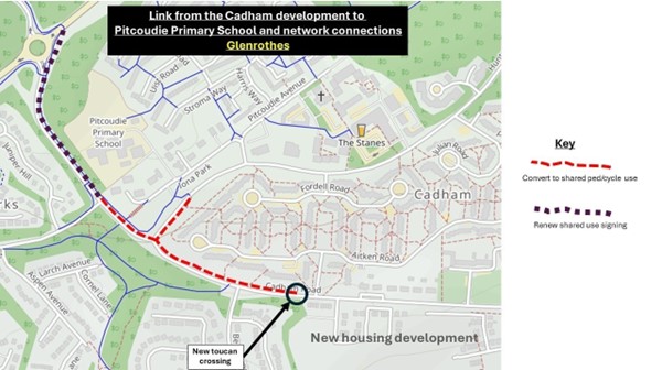 Map of the Cadham development to Pitcoudie Primary, with red dotted line to show shared path and black dotted line to show shared signage