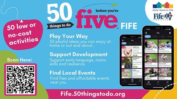 50 Things to Do flyer, with image of mobile phone and QR code, to take you to the 50 Things to Do website (as above).