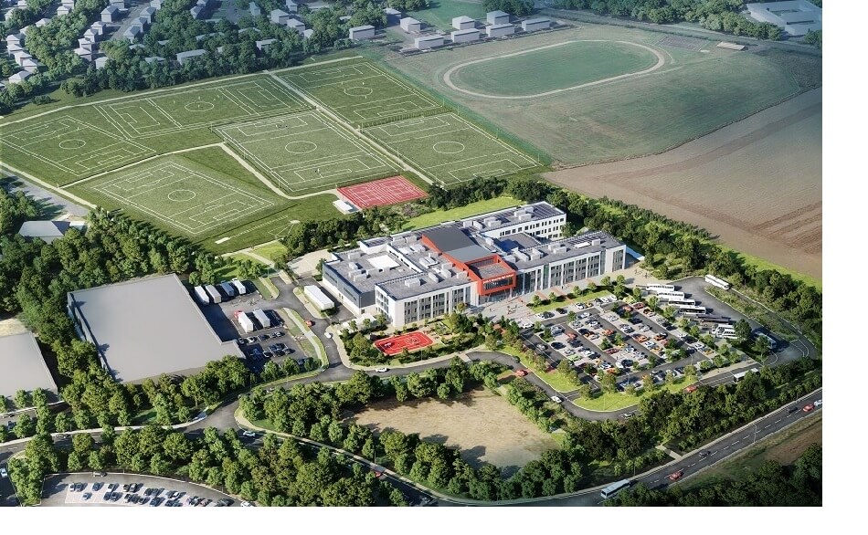 Aerial view of artist's impression of what the new SW Fife high school will look like, with several playing fields to the rear and adjoining buildings.