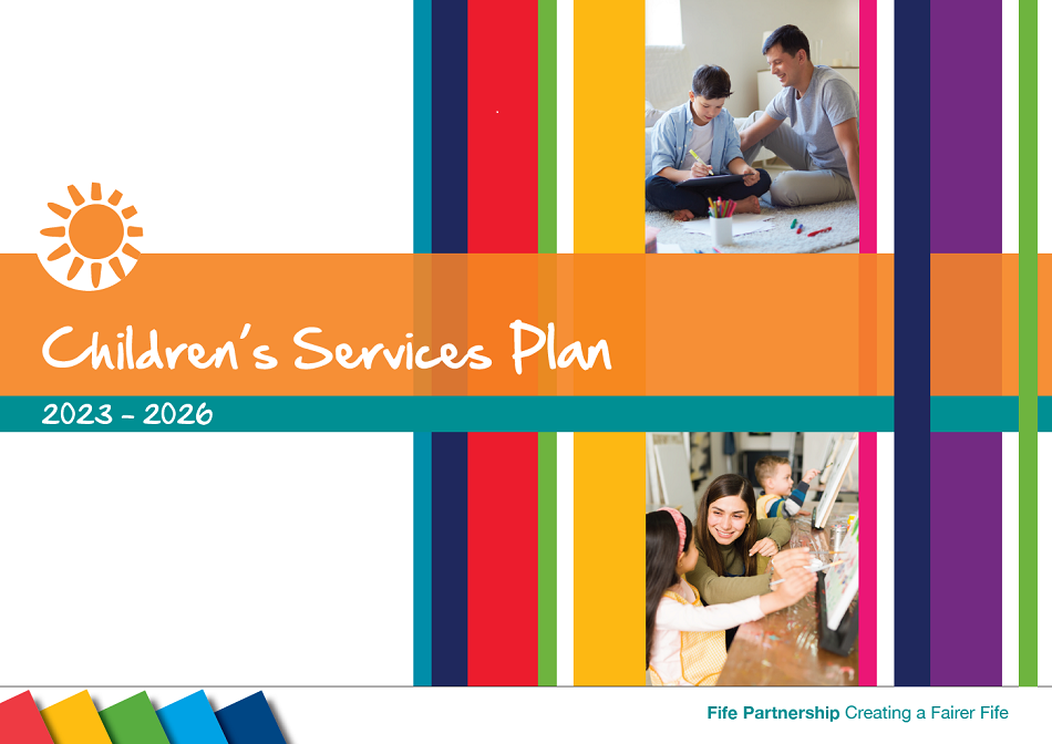 Image of the Children's Services Plan front cover, with logo and pictures of children in a classroom setting