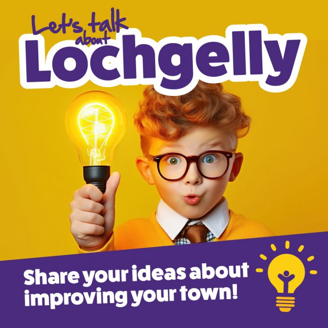 Logo Let's talk Lochgelly and light bulb asking people to share their ideas on lochgelly survey