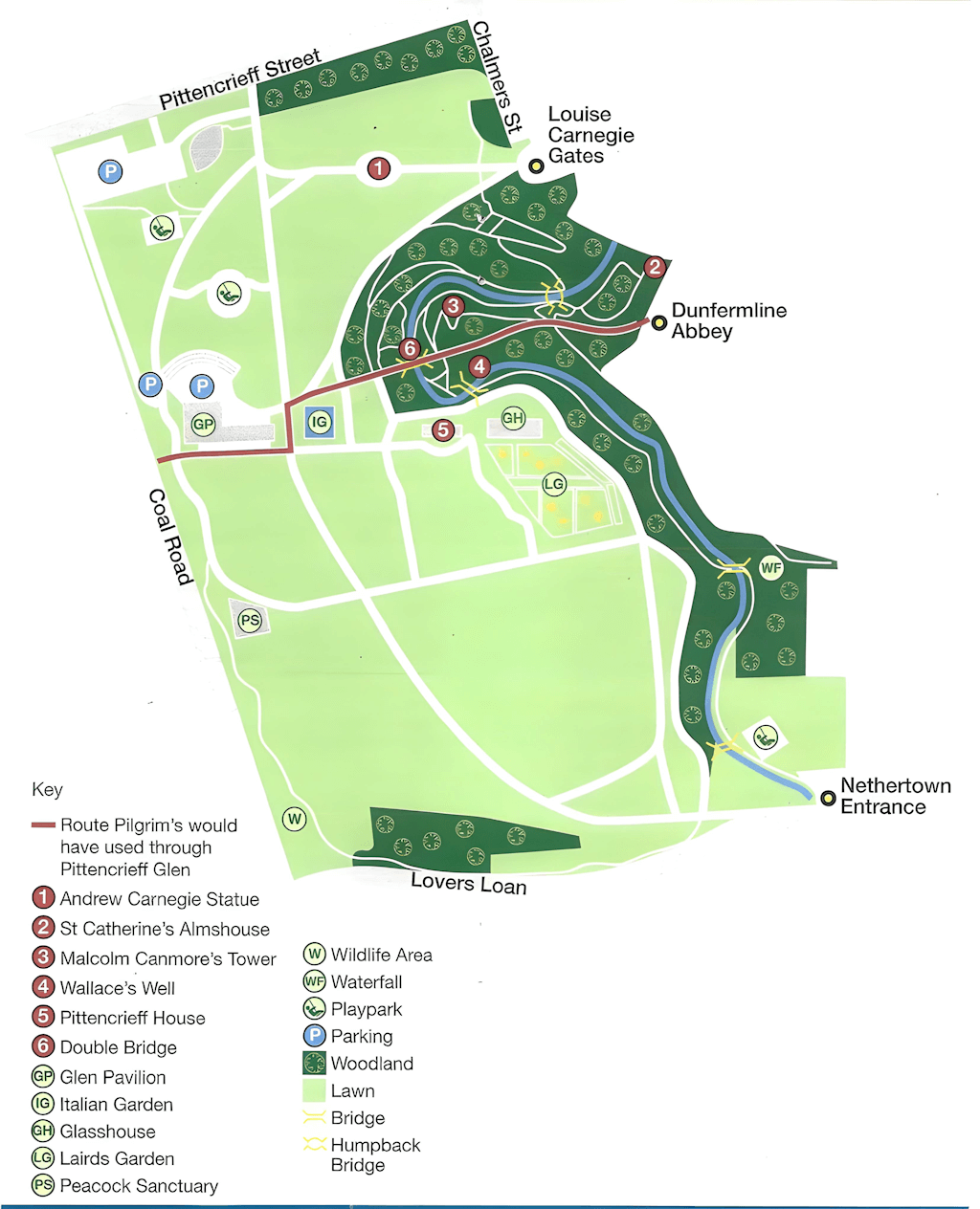 Map of Pittencrieff park showing various points of interest 