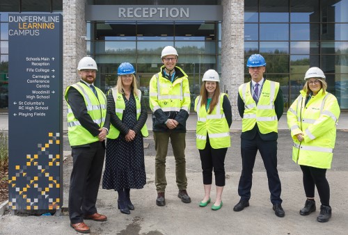 Sandy Mcintosh (Woodmill headteacher), Shelagh McLean (Head of Education), Jim Metcalfe (Fife College principal), Lyn Meeks (Quality Improvement Officer), Mick McGee (St Columba's headteacher) and Sarah-Jane Linton (Fife College vice-principal)