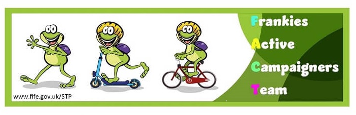 Image of three cartoon frogs - one walking, one on a scooter with a helmet, and one on a bike with a helmet