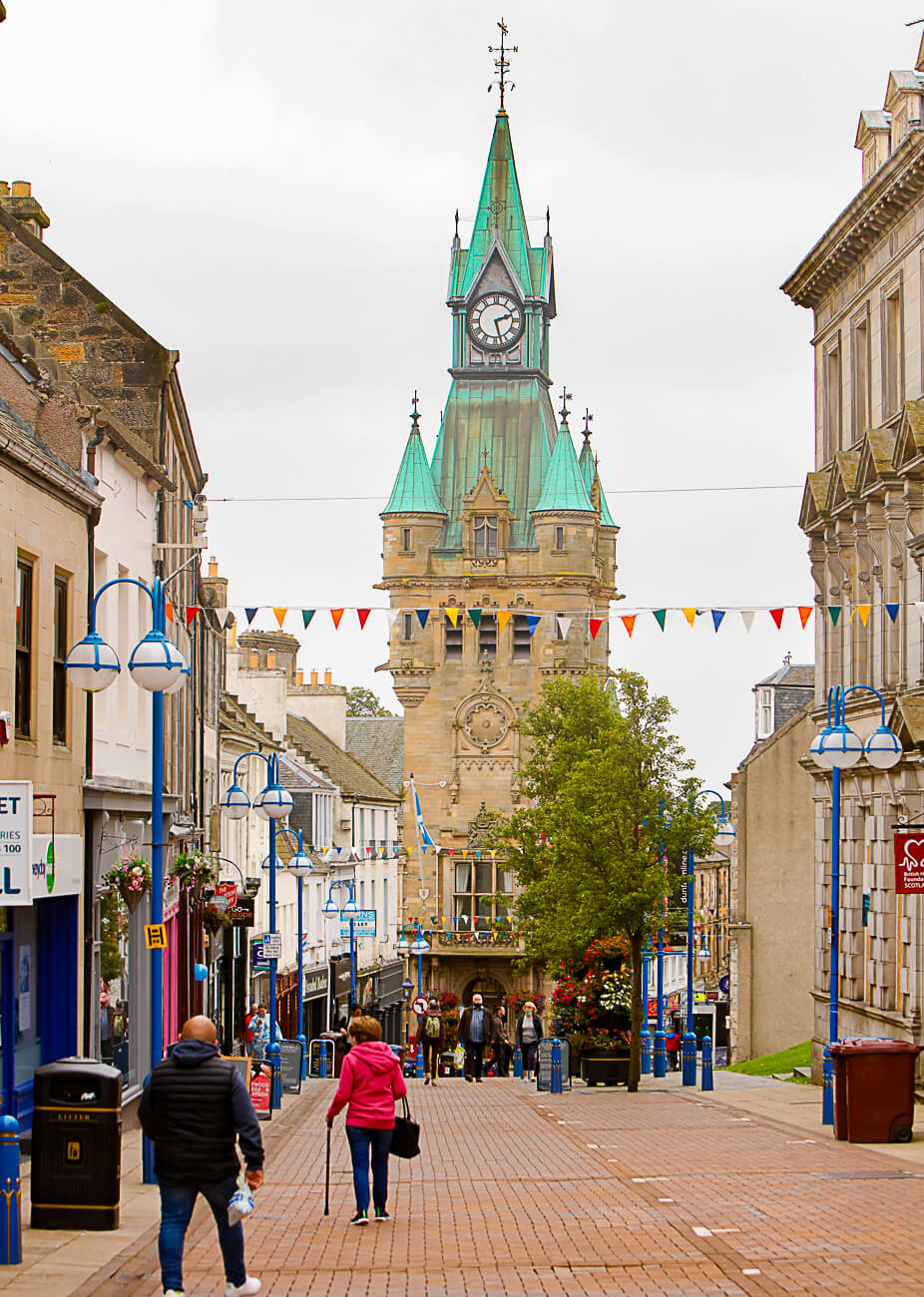 View of Dunfermline High Street, looking down toward the City Chambers