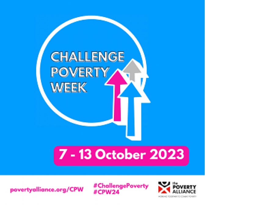 Challenge Poverty Week inside a white circle, with a pink, blue and grey arrow pointing upwards