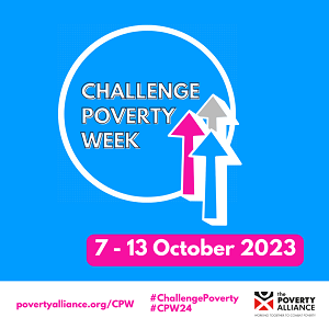 Challenge Poverty Week inside a white circle, with a pink, blue and grey arrow pointing upwards