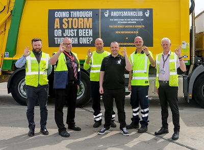 Six men standing in front of Fife Council bin lorry