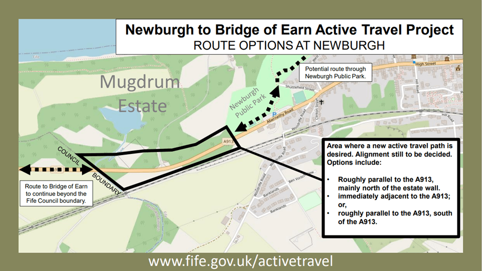 Map of Newburgh with black line indicating the section of A913 where the Active Travel path may be.