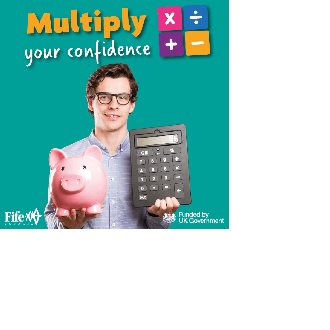 A poster promoting the Multiply campaign showing a young man holding a calculator and piggy bank.